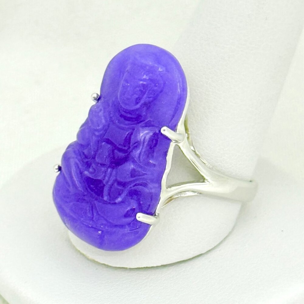Sterling Silver Lavender Jade Kuan Yin Ring Goddess of Kindness Size 12